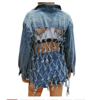 high street tassel jeans jacket womens backless hollow out female kpop bandage streetwear casual denim washed frayed aesthetic