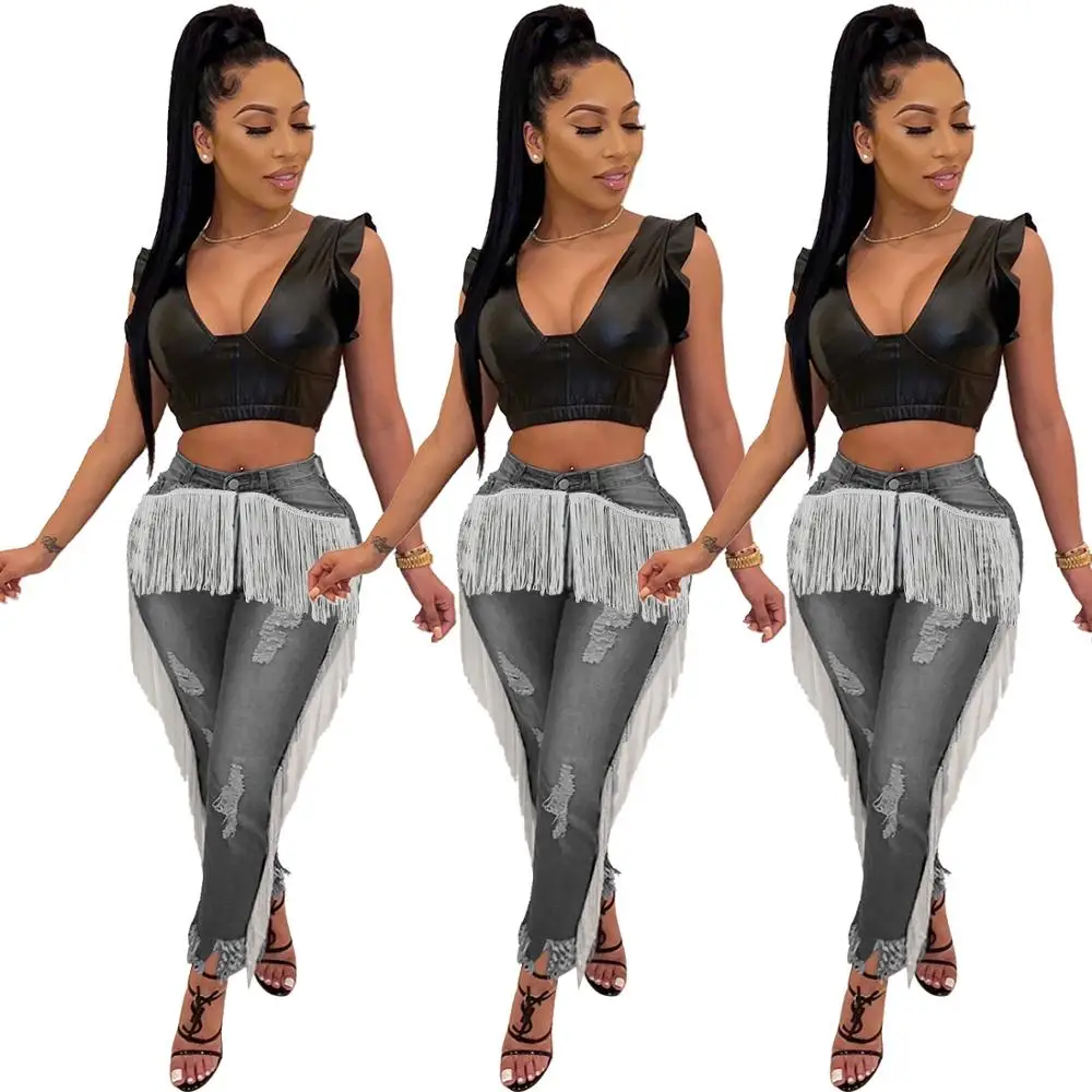 

Fashion Retro Button Fly Women's Jeans Wholesale Classic Streetwear Women Hole Tassel Side Slim-fit Trousers Femme Bottoms
