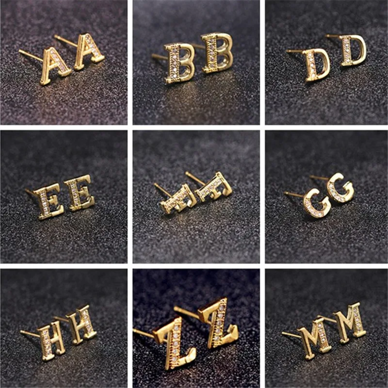 

Tiny Stainless Steel A-Z Initial Letter Stud Earrings Bridesmaids Gift Alphabet Name Ear Piercing Women Men Rhinestone Jewelry