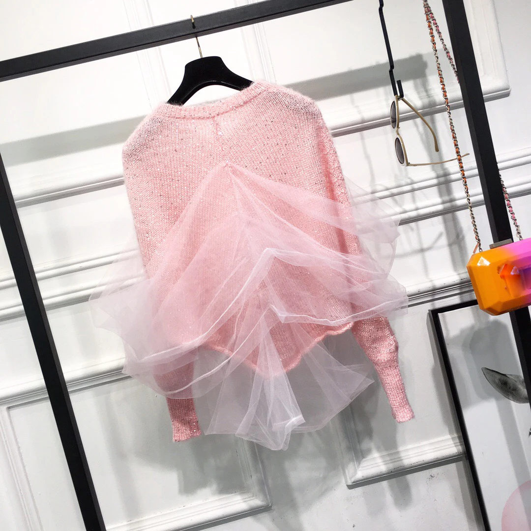 WHITNEY WANG 2019 мода уличная сетка лоскутное блестки мерцающий свитер женский джемпер