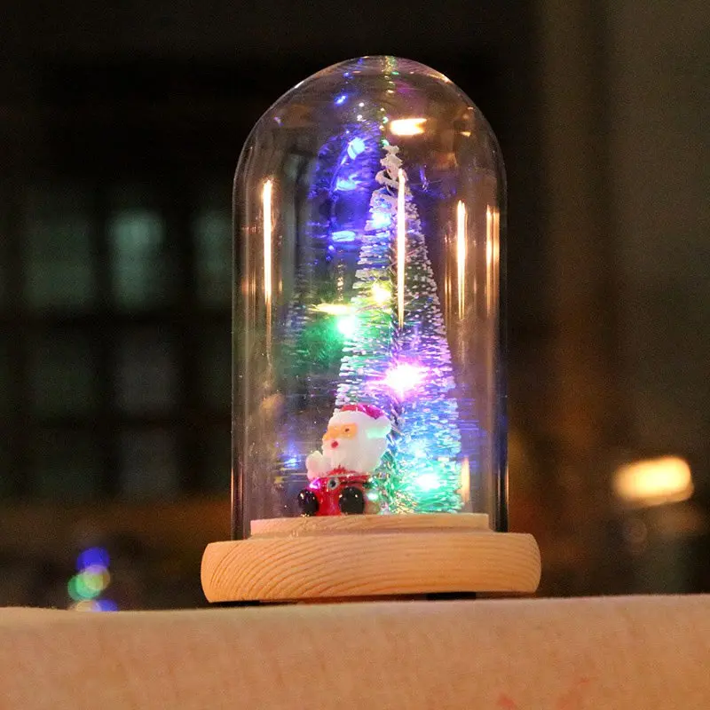 A Christmas Tree In Glass Dome on a Wooden Base for Valentine's Gifts LED Rose Lamps Christmas Festive Ornaments New Year Souvenir - Цвет: A