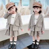 new girlschildren grid suit skirt western style two piece costume for kids pleated skirt suit grey a grain of buckle coat
