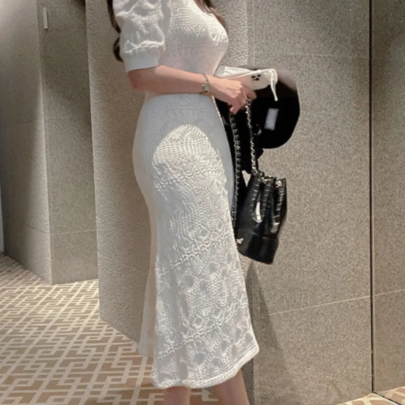

New Women Hollow Out Knitted Dress 2021 Summer Short Sleeve Sweater Long Chic Dresses Elegant Midi Bodycon Vestido De Mujer Robe