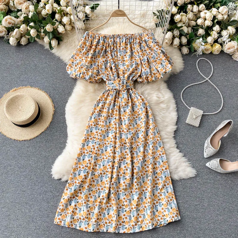 

Summer Puff Short Sleeve Dresses Sexy Slash Collar Off Shoulder Mid-calf Dress Beach Floral Print Vacation Dress Women Vestido