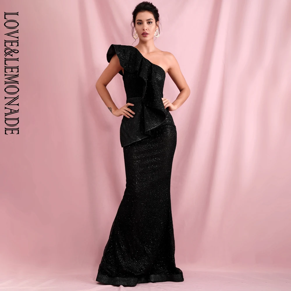 Платье макси на одно плечо LOVE & LEMONADE черное облегающее вечернее платье с