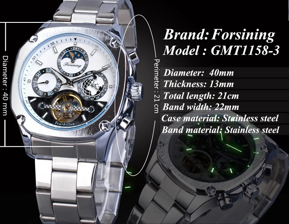 Forsining квадратные мужские механические наручные часы Tourbillon Moon Phase Calendar автоматическое Деловое платье ремни для наручных часов из нержавеющей стали