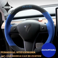 alcantara car steering wheel cover for tesla model 3y mode sx 2008 2021 hand sewing personal stitchwork on wrap