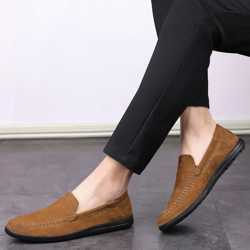 Мокасины мужские из натуральной кожи дышащие мягкие туфли-лодочки без застежки