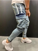 fashion mens jeans autunn three dimensional large pockets vertical splice pencil pants casual loose street motorcycle trousers