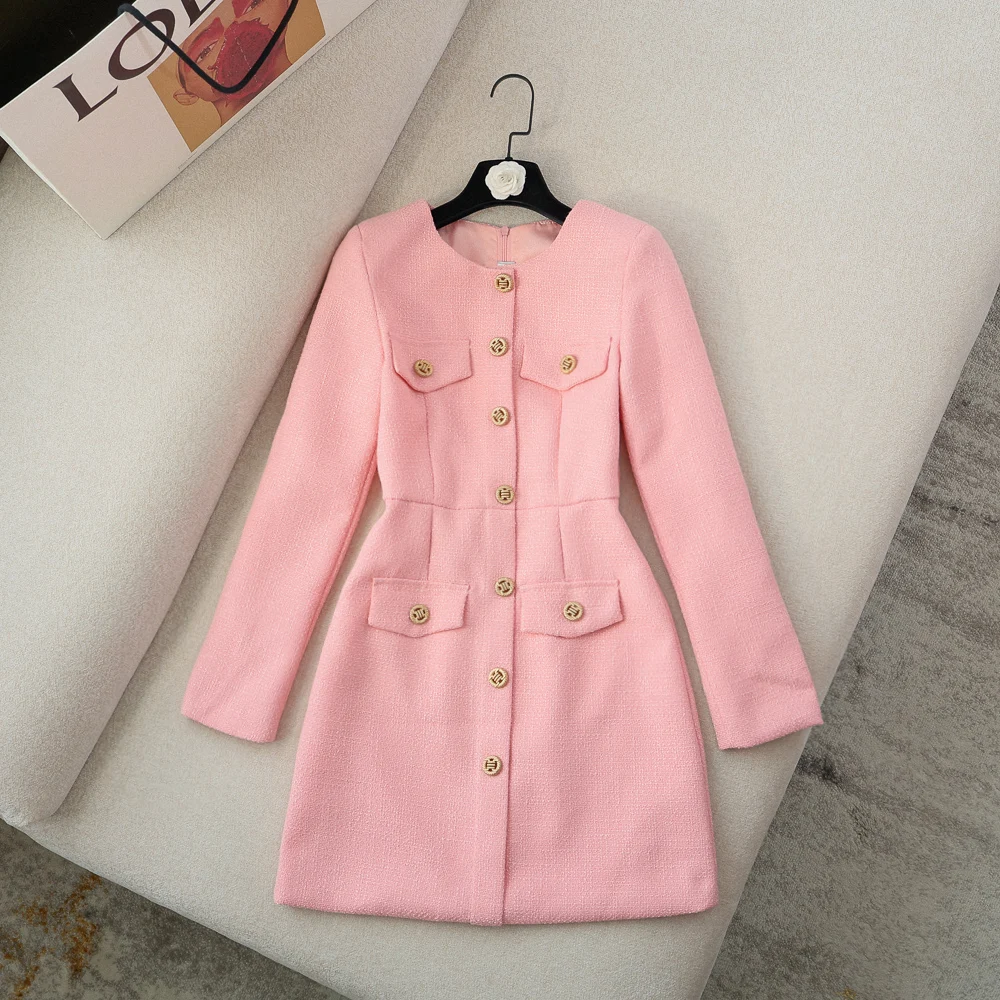 

2021 Autumn New Temperament Crew Neck Long Sleeve Single-Breasted High Waist Slim Fit Woolen A- line Dress for Women