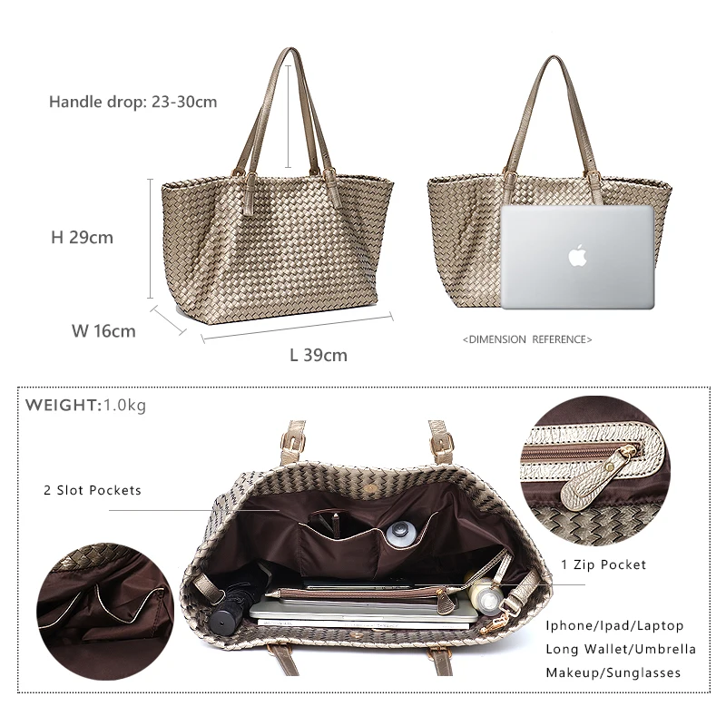 

SC Luxury Handmade Woven PU Leather Handbags For Women Large Capacity Tote Female Fashion Vegan Leather Shoulder Bags Laptop Bag