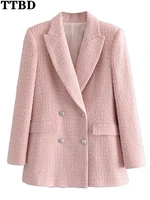 ttbd women textured double breasted tweed blazer ladys pink slim elegant blazer 2022 spring long sleeve blazers veste femme