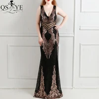 black gold sequin evening dresses mermaid hollow out waist prom gown beaded v neck party backless women plus size formal dresses