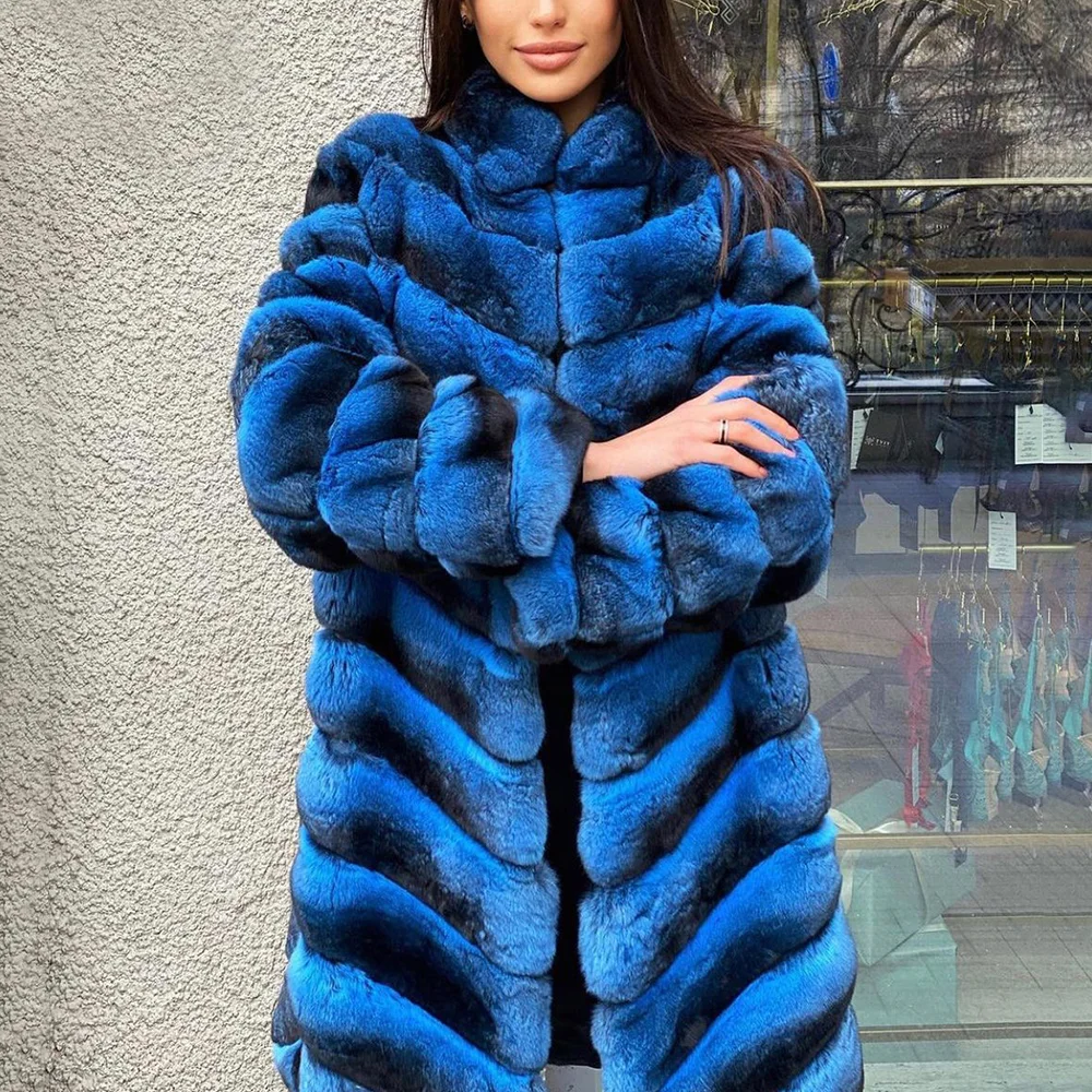 

2021 Luxury Fur Outwear 90cm Long Natural Rex Rabbit Fur Coat Women Winter New Royal Blue Full Pelt Genuine Rex Rabbit Fur Coats