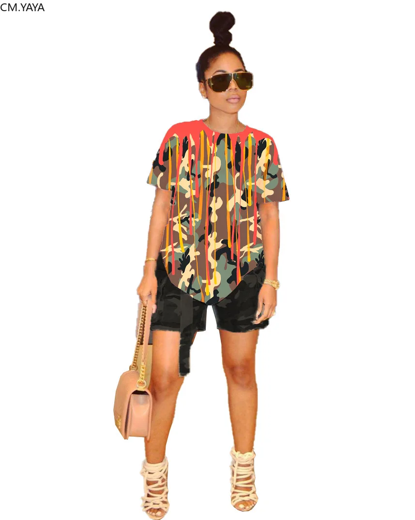 Женская футболка с коротким рукавом разноцветная камуфляжная круглым вырезом и