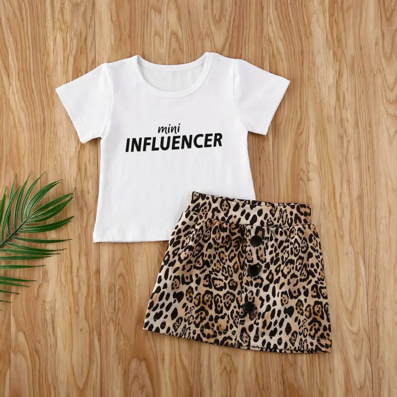 Toddler Kids Baby Girl Leopard Print Clothes Tops Letter T-Shirt+Button Short Skirt 2PCS Outfits Set | Детская одежда и обувь