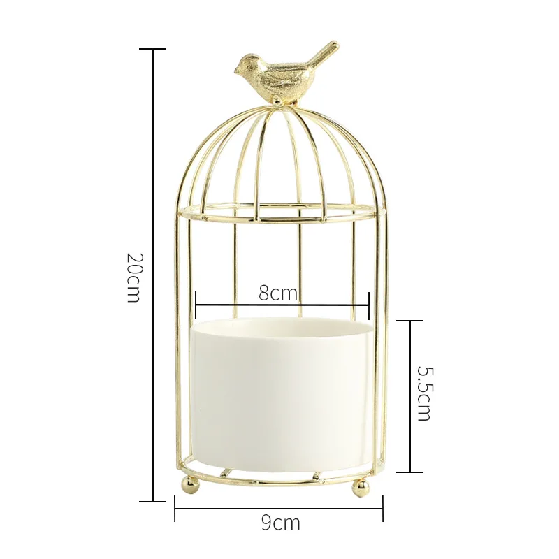 

Nordic Gilded Bird Cage Iron Succulent Pot Ceramic Vase Flower Pot Handicrafts Creative Desktop Ornament Living Room Decoration