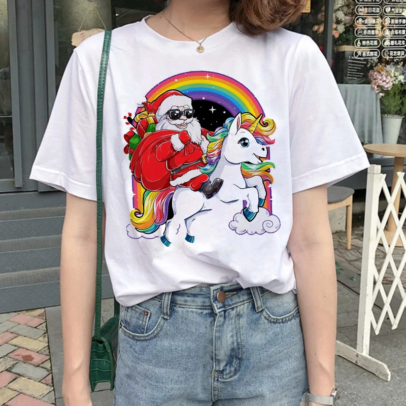 

Female Cartoon Santa Claus Rainbow Printed Short Sleeve T-shirts Women/Men Merry Christmas Party Tshirt Girls Harajuku Tops Tee