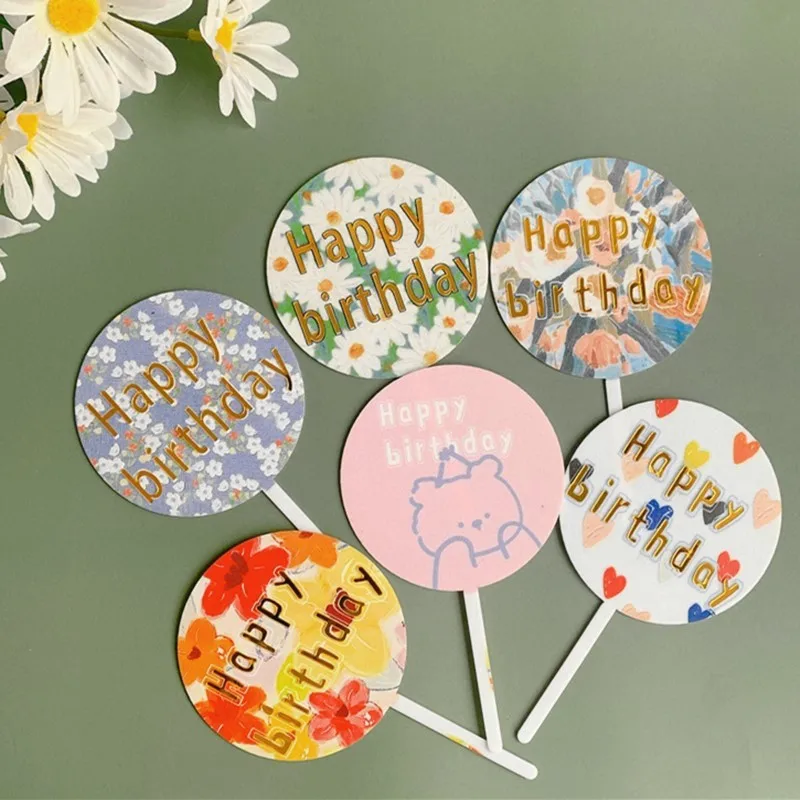 

Colored Flowers Happy Birthday Cake Topper Golden Acrylic Birthday Party Dessert Decoration For Baby Shower Baking Supplies