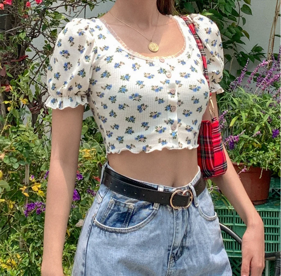 

Кроп-топ женский с цветочным принтом, Повседневная футболка, пуловер с коротким рукавом, облегающий Мягкая вязаная ткань топ в стиле Харадз...