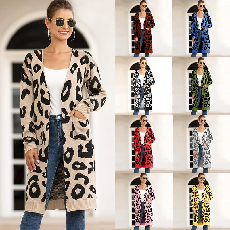 

2020 fall/winter wish AliExpress Amazon sweater European and American long camouflage leopard print cardigan sweater women