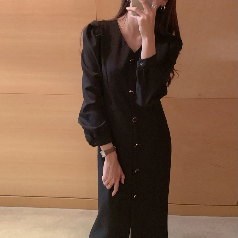

Spring Woman Dress Business Wear V-Neck Long Puff Sleeve Button Office Lady Fit Cutting Elegant Solid Black Dress