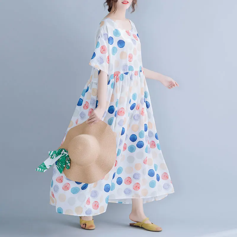 

Plus Size 2021 Women Dress Chiffon Beach Style Summer Holiday Sundress Big Size Print Dot Female Lady Loose Dresses 5XL