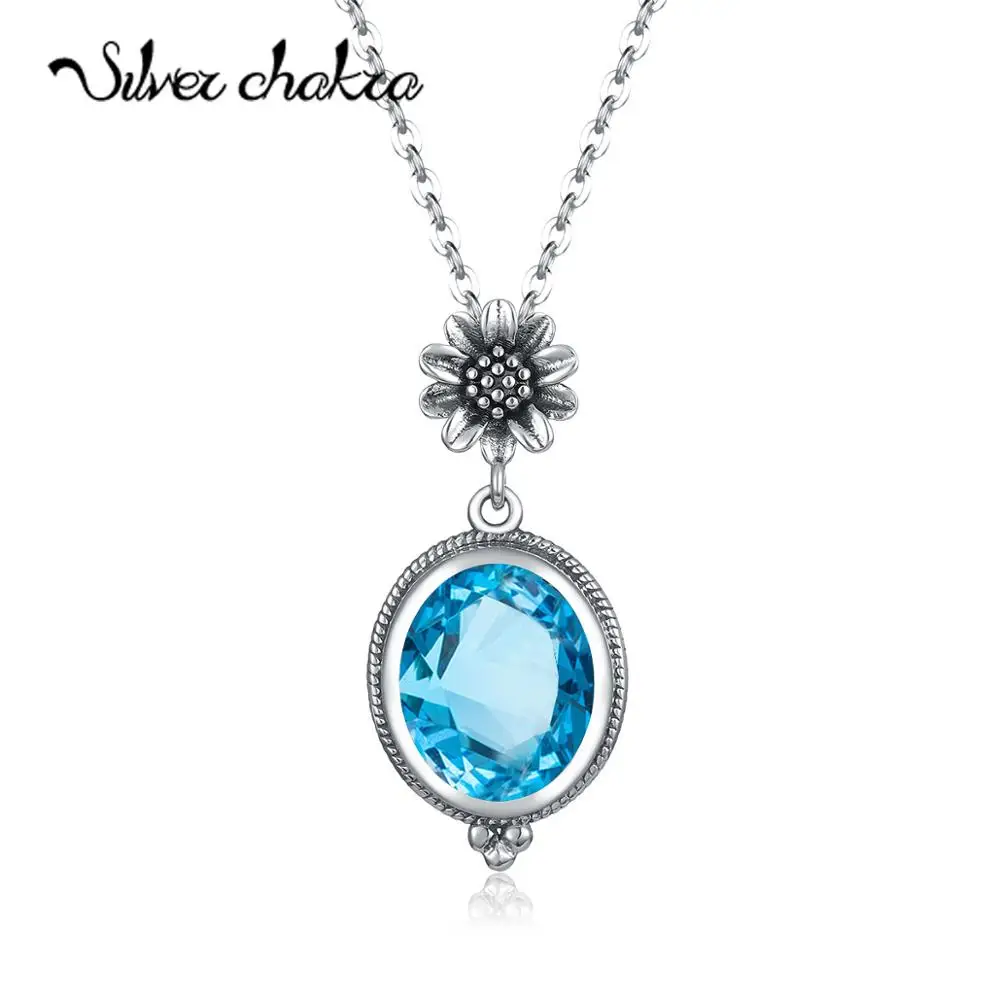 

925 Sterling Silver Pendant Necklace For Women Oval Blue Topaz Sliver Gemstone Pendant Classic Elegant Fine Jewelry Accessor