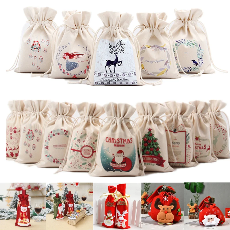 Подарочная сумка для рождественских конфет холст Санта-Клауса с кулиской декора