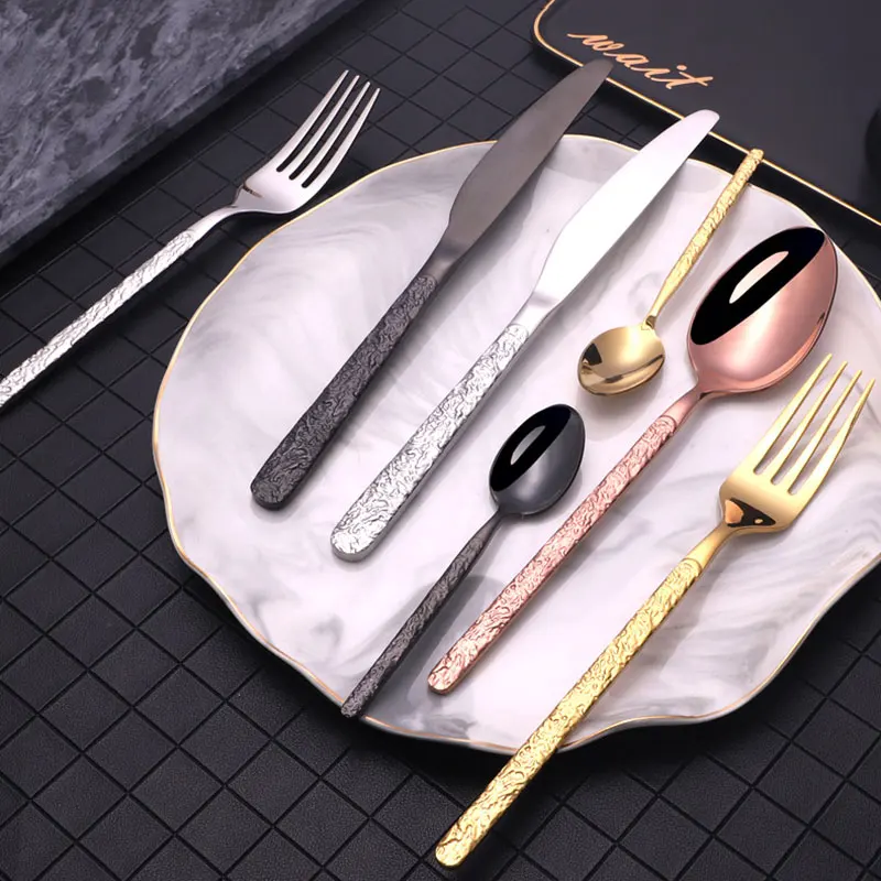 

European Embossed Gold Dinnerware Set Stainless Steel Tableware Sets Knife Fork Coffee Spoon Flatware Kitchen Cutlery Set