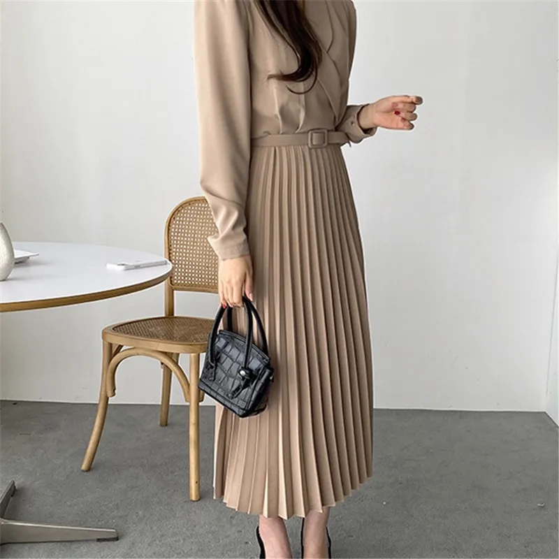 

Fashion Notched Short Sleeve Women Suit Dress OL Slim Waist Belted Sashes Female Pleated Dress Summer A-line