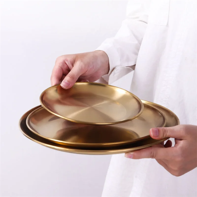 

Plates Set Stainless Steel Gold 4PCS 14/17/20/23CM Serving Dinner Bread Butter Dinner Appetizer Salad Dessert Snack Dish TN