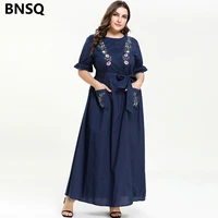 fashion plus size womens short sleeved summer dress with pleated pockets stitching embroidered lace up ladies large swing skirt