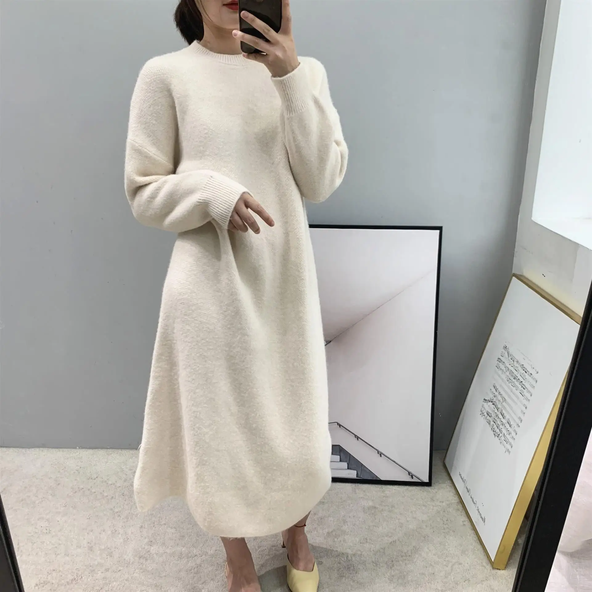 Женское осенне зимнее длинное платье свитер 2019 Новое плотное с круглым вырезом и