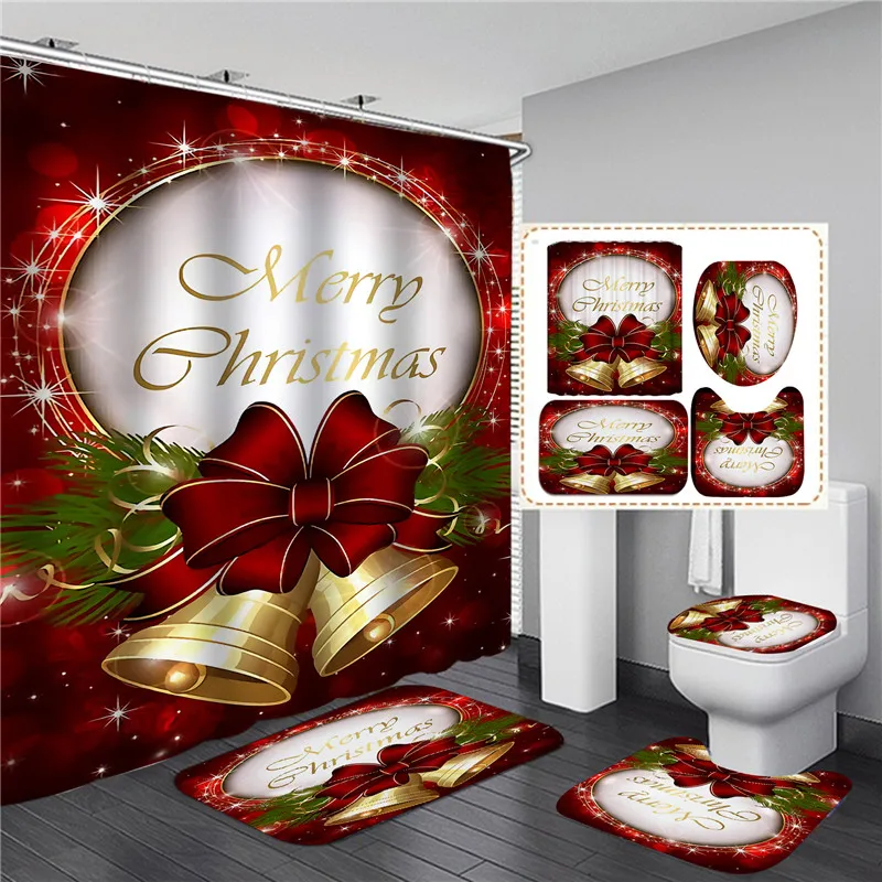 

Christmas Red Bow Knot Shower Curtain Set Carpet Anti-slip Mat Bathroom Bathing Screen Waterproof Toilet Partition Home Decor