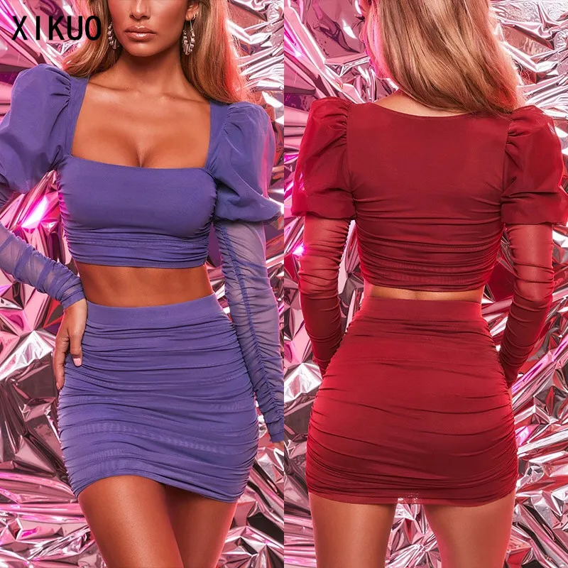 

LN328 Sexy Tight Women's Dress Solid Color Long Sleeve Skirt Club Wear Tight Mini Women's Dress Summer Suit 2 Pieces