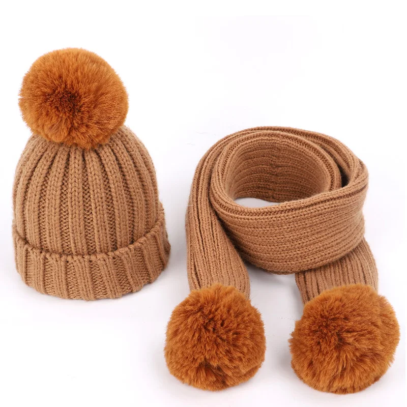 

New Fashion Children's Knit Beanies Hat Scarf 2 Pieces Set Winter Boy Girl Soft Cap Scarves Solid Color pompom Baby Kids