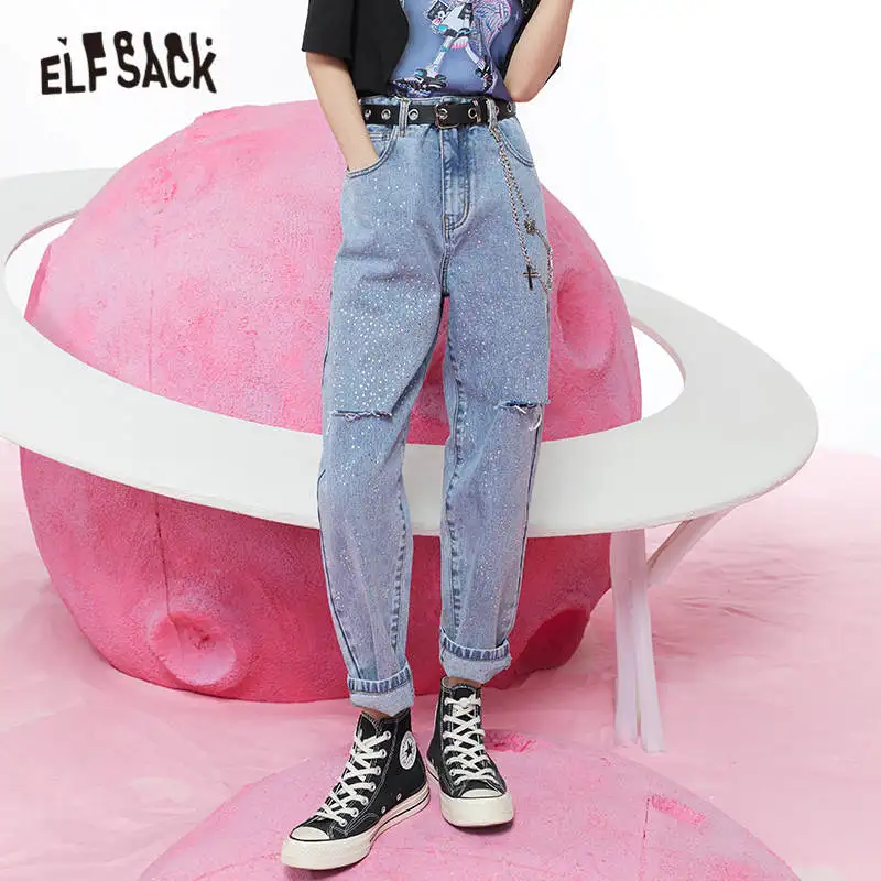 ELFSACK Solid High Waist Washed Casual Rhinestone Harem Jeans Women,2021 Spring Pure Ripped Hole Ladies Basic Daily Trousers