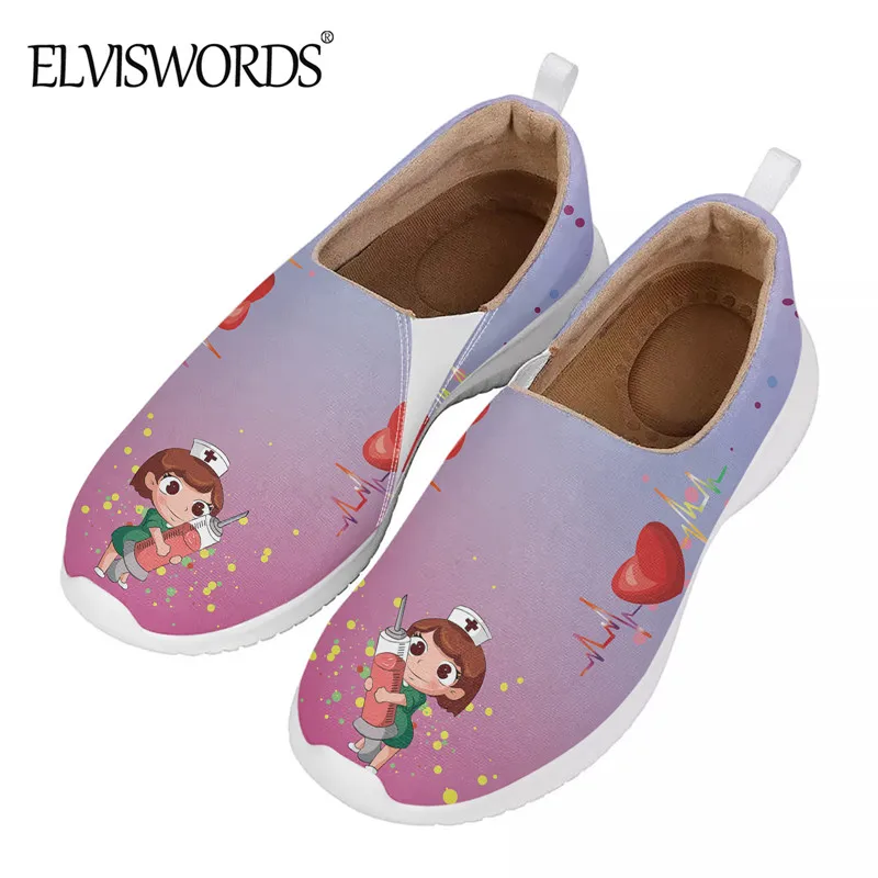 

ELVISWORDS Women's Gradient Medical Nurse Print Flat Shoes Cute Cartoon Slip On Footwear For Teen Girls Stylish Walking Shoe
