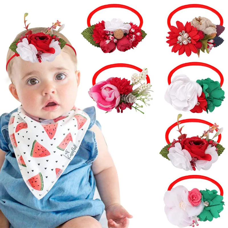 

New Christmas Children's Hair Accessories,Imitation Flower Solid Color Rhinestone Nylon Elastic Baby Hair Band,Newborn