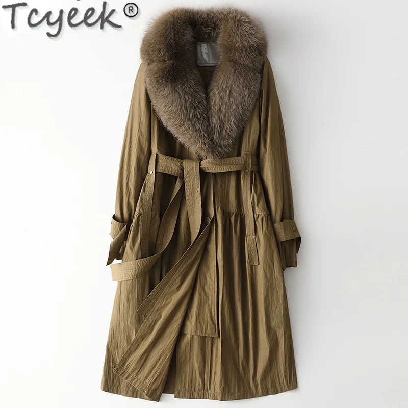 

Длинное теплое пальто Tcyeek с воротником из лисьего меха, Осень-зима 2021, повседневные женские парки, меховое пальто в Корейском стиле Gxy647