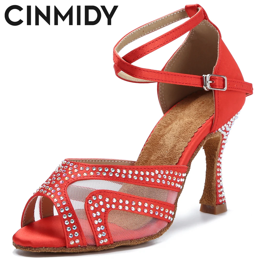 

CINMIDY Women's Latin Dance Shoes Salsa National Standard Dance Heels Ladies Indoor Silent Sandals Women Red Wedding Shoes 7.5cm