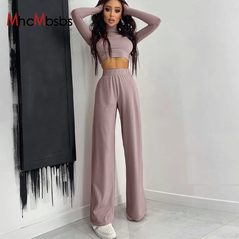 

Two Piece Set Women Tracksuits Sexy Turtleneck Long Sleeve Bandage Lace Up Cropped Tops+High Waist Wide Leg Pants 2021 Fall