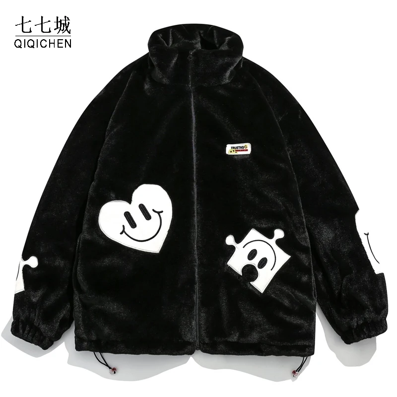 

Зимняя пушистая куртка для женщин и мужчин, женские парки из овечьей шерсти в стиле хип-хоп СО смайликом, Повседневная ветровка большого раз...