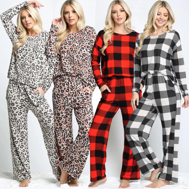 

Women 2 Piece Pajamas Set Casual Long Sleeve Top and Pants Leopard Print Homewear Female Pyjamas Sweatsuits Home Suit