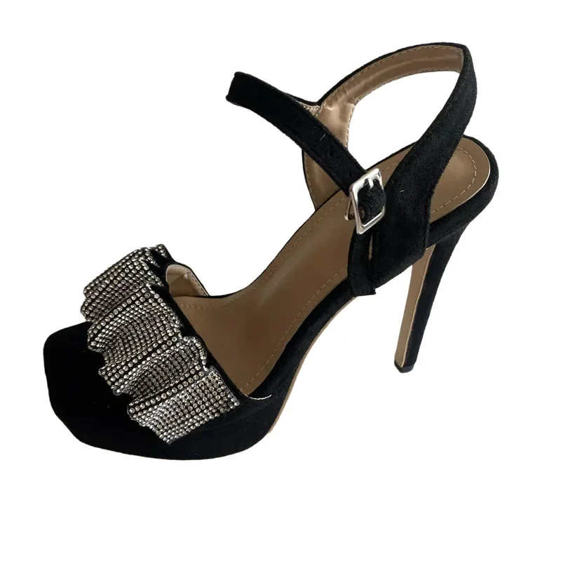 

LEOPARD LAND 2021 Summer Women's Shoes Fashion Folds Rhinestones One Word With Hollow Stiletto Square Toe High Heel Sandals JXQ