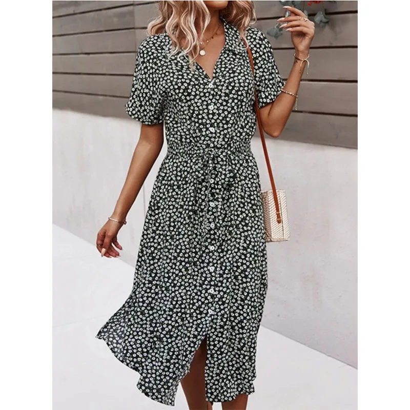 

2021 summer new floral print lapel short-sleeved single-breasted lace-up waist slim long dress