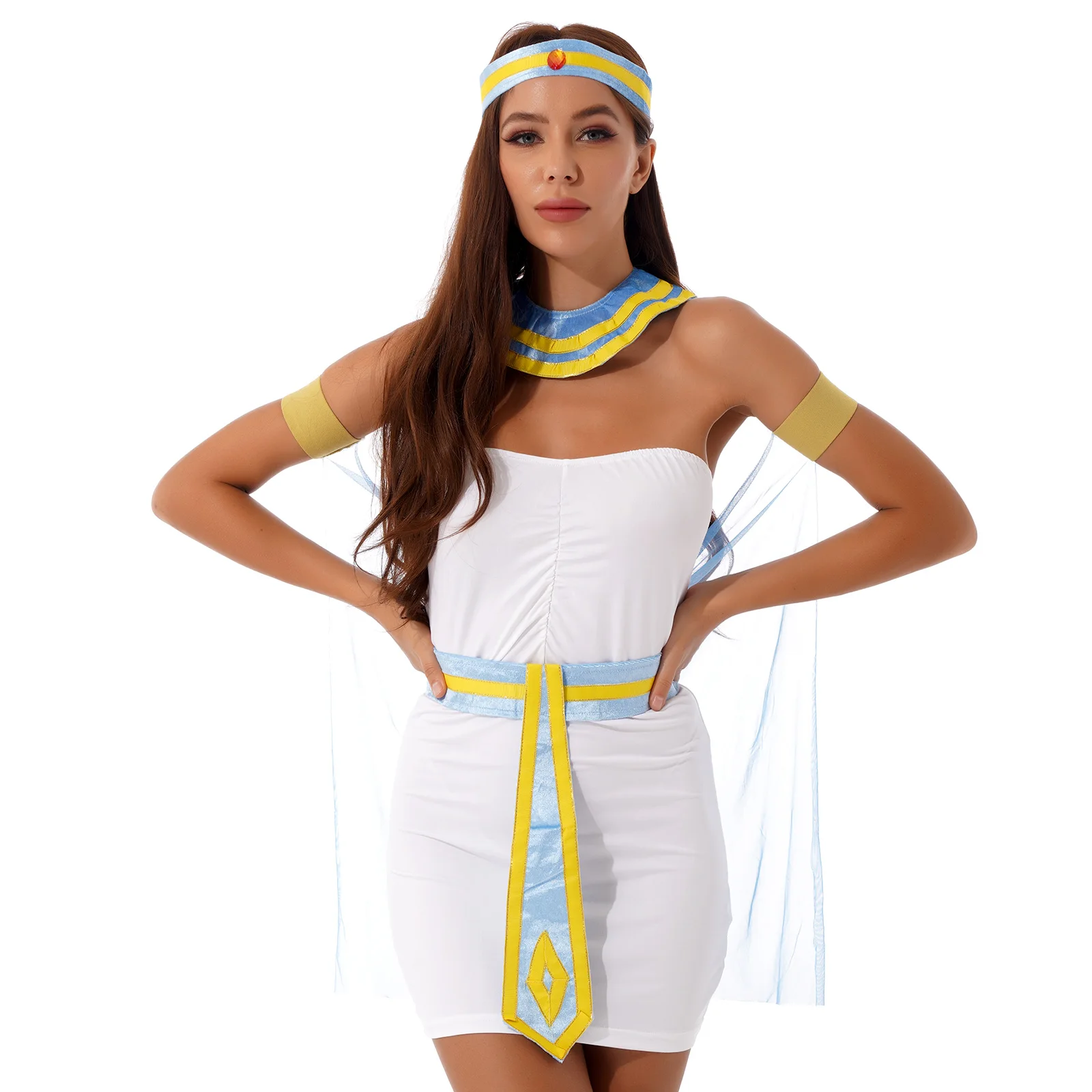 Women Dresses Halloween Role Play Outfit Stage Performance Costume Strapless Ruched Dress with Shawl Headwear Neckwear Belt