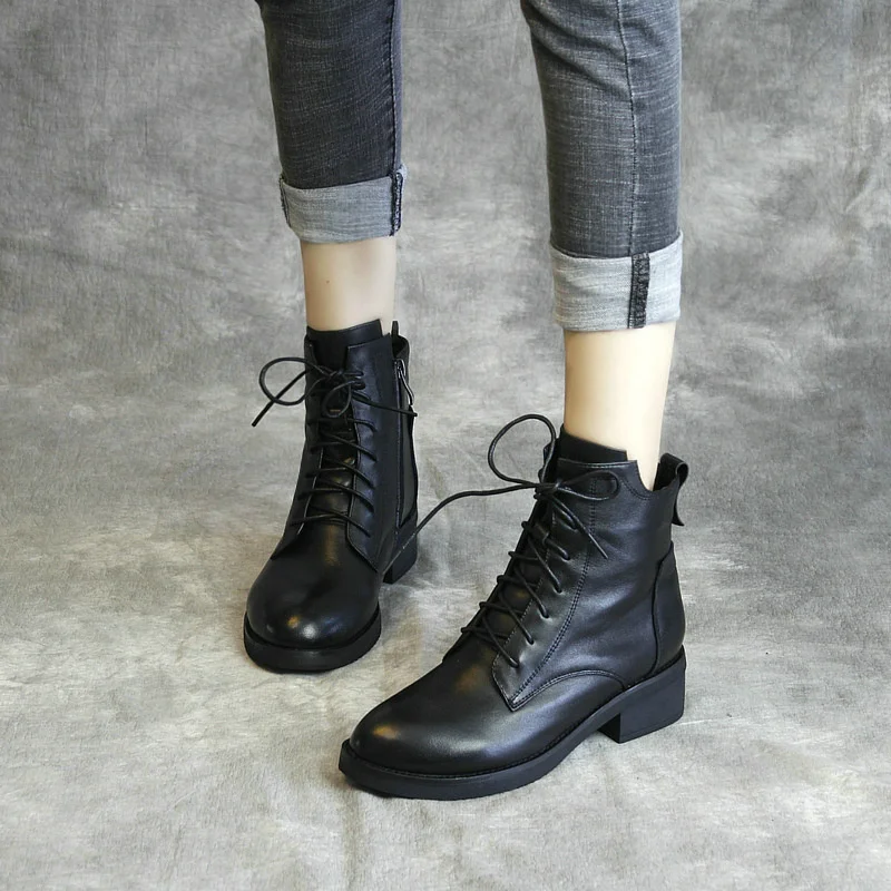 

New Single Leather Short Boots Middle Heel Martin Botas Outdoor Walking Lace Up Round Head Plush Fashion Women's Ankle Shoes