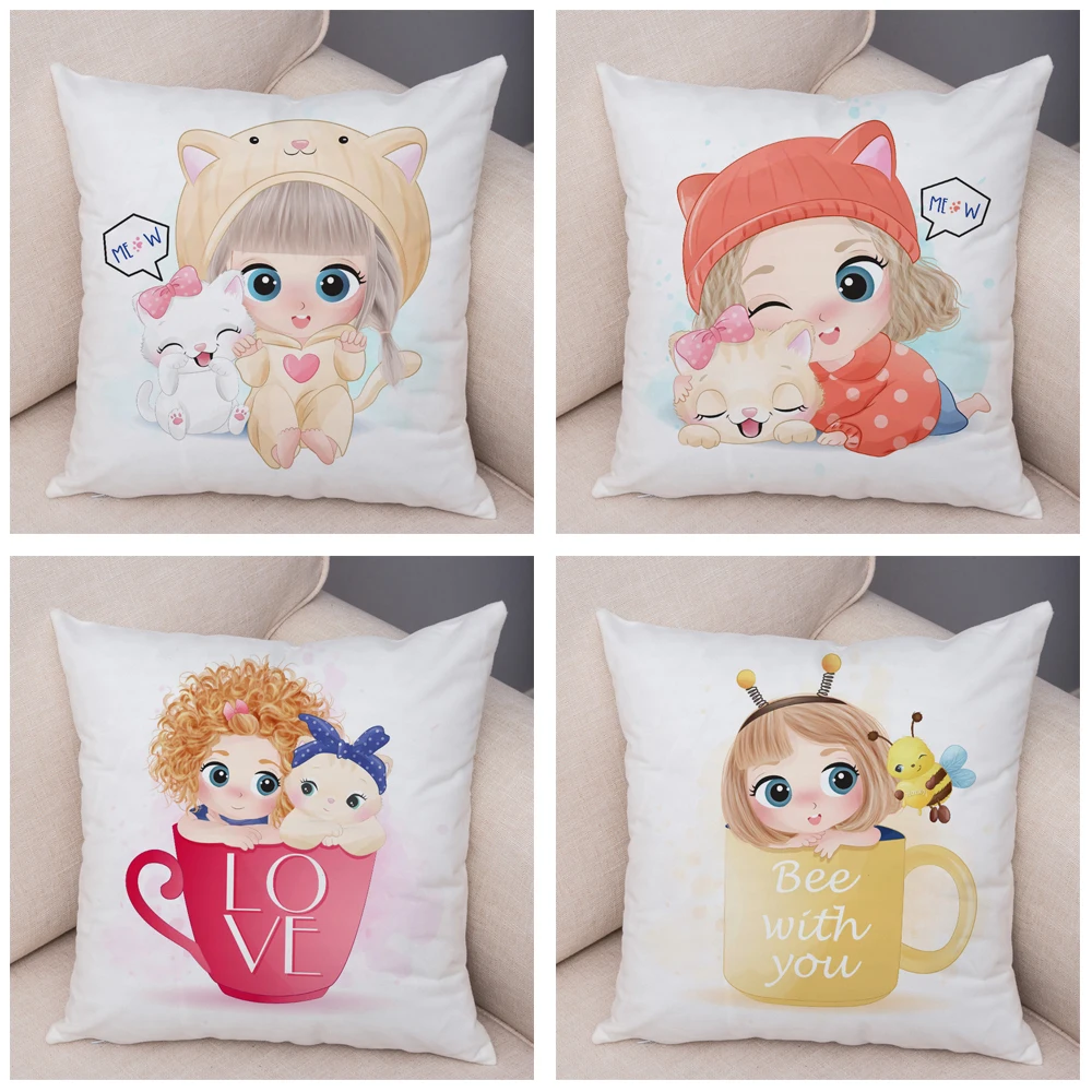 Милый декоративный чехол для подушки девочки и кошки милый мультяшный детский